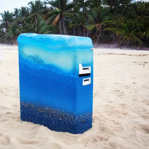 Prompt: refrigerator made of blue sand on the beach with a nebula inside