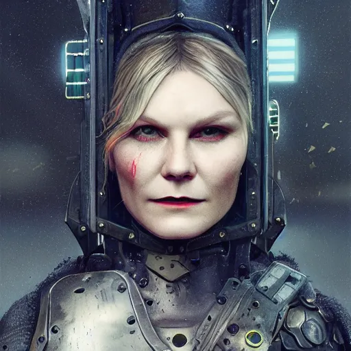 Prompt: kirsten dunst portrait, dystopia core, apocalyptic, armor, warrior, dramatic, sharp focus, fiction, neon, fantasy, hyper detailed, digital art, trending in artstation, cinematic lighting, studio quality, smooth render, unreal engine 5 rendered, octane rendered, art style and nixeu and wlop and krenz cushart