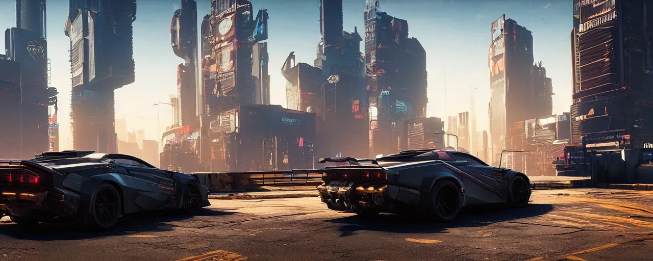 Image similar to Cyberpunk 2077 car Quadra Turbo-R V-Tech, driving down dusty city dystopian, long distance shot , by Mead, Syd