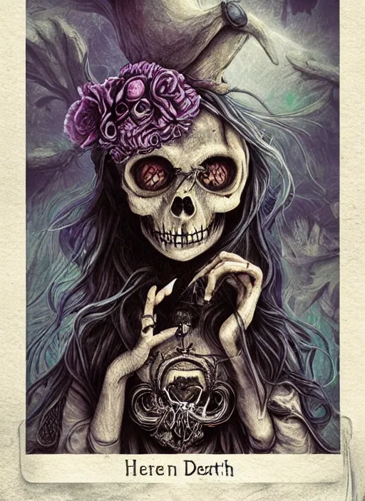 Image similar to alice in wonderland death tarot card, highly detailed, half skull face, cinematic, 8 k, bymegan duncanson, benjamin lacombe, naoto hattori, adrian borda, giger, trending on deviantart, hyper detailed, horror, full of colour