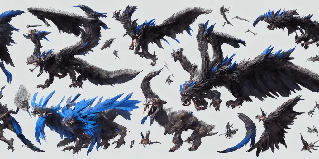 Image similar to Azure feathered winged wolf character design sheet, Monster Hunter Illustrations art book, big claws, huge wings, long tail, Moebius, Greg Rutkowski, Zabrocki, Karlkka, Jayison Devadas, Phuoc Quan, trending on Artstation, 8K, ultra wide angle, zenith view, pincushion lens effect.