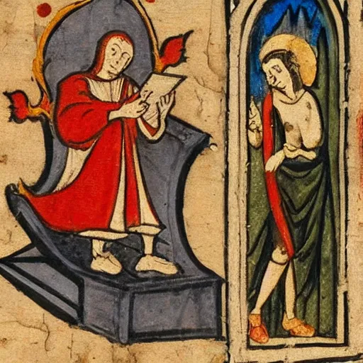 Image similar to medieval painting of the devil tempting a woman checking her iphone, ink and dye on parchment