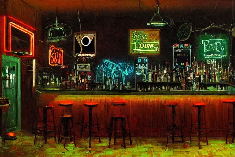 Image similar to scene from louisiana swamps, bar, neon cross, voodoo, artwork by tim eitel