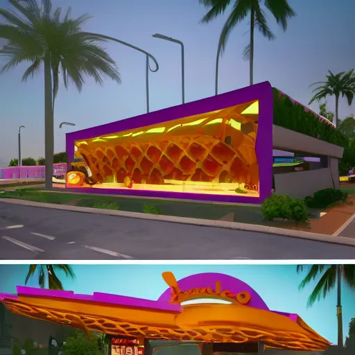 Image similar to taco bell fast food restaurant inspired by raphael lacoste, simon stalenhag, frank lloyd wright, zaha hadid, matte painting