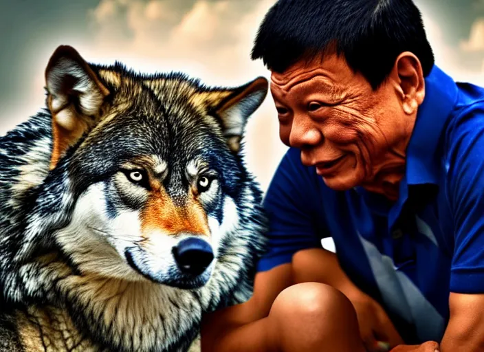 Image similar to duterte petting a wolf, realistic photograph, award winning photograph, cinematic, 4 k