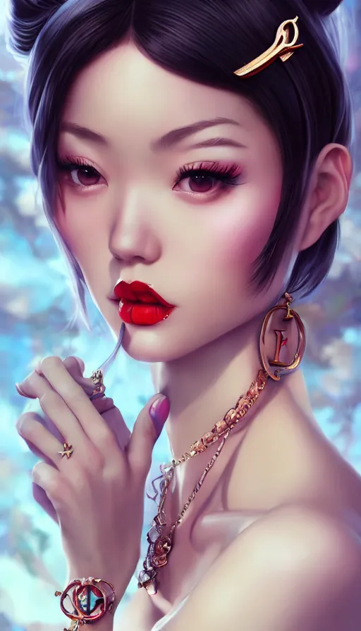 Image similar to a pin up and beautiful fashion and charming and dreamlke asian girl with lv jewelry, medium shot, art by artgerm & ross tran & wlop, hyperdetailed, 8 k realistic, symmetrical, frostbite 3 engine, cryengine, dof, trending on artstation, digital art