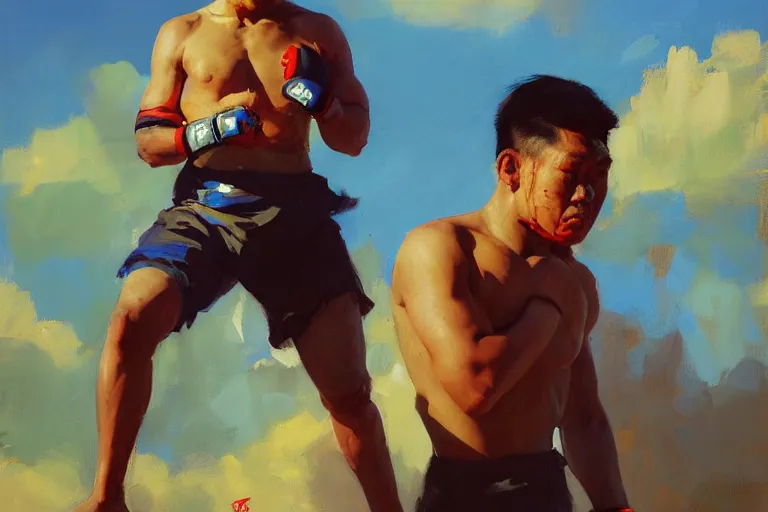 Image similar to greg manchess portrait of a filipino mma fighter shock of being hurt, organic painting, sunny day, matte painting, bold shapes, hard edges, street art, trending on artstation, by huang guangjian, gil elvgren, ruan jia, randy vargas, greg rutkowski