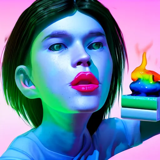 Prompt: born again christian tiktok influencer eating melting crayons and winking to their followers, in the style of james jean, artstation trending, 8 k, 3 d render, photorealistic, volumetric lighting caustics, pink