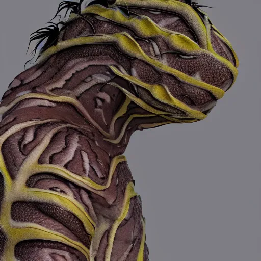 Image similar to a high resolution photo of a head amphibia morphing creature, long hair plastic wrap bump map gills morph scales merged in fur skin, wrinkled muscles skin, veins merged feet head, normal map, displacement map, distorted animal head face eyes arms tail, reflection map,