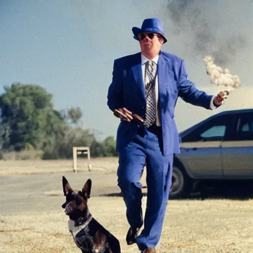 Image similar to Blue Heeler, wearing a suit and smoking a cigar, holding a shotgun and pointing it at somebody mob-style.