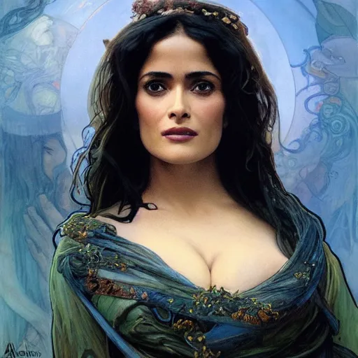 Image similar to salma hayek portrait by alfons mucha, playful, fantasy, medieval, beautiful face, vivid colrs, elegant, concept art, sharp focus, digital art, hyper - realistic, 4 k, unreal engine, highly detailed, hd, dramatic lighting by brom, trending on artstation