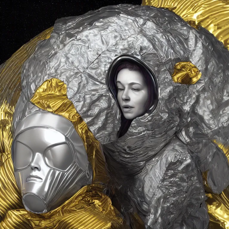 Image similar to octane render portrait by wayne barlow and carlo crivelli and glenn fabry, subject is a woman covered in folded aluminum foil space suit with a colorful metallic space helmet, floating inside a futuristic black and gold space station, cinema 4 d, ray traced lighting, very short depth of field, bokeh