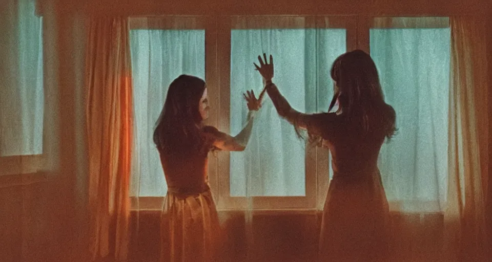 Image similar to Halloween film, cinematic color tones. Scene where a woman looking the window at night, dark lighting, focus her back