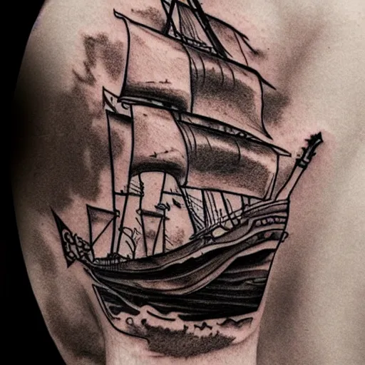 Image similar to realism tattoo design sketch of a pirate ship