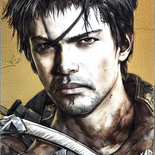 Image similar to portrait of a hero holding his sword in front of his face by yoji shinkawa, high quality, extra details, realism, ornate, colored, golden chain, blood, white skin, short hair, brown eyes, vivid, sunlight, dynamic, american man, freedom, white american soldier