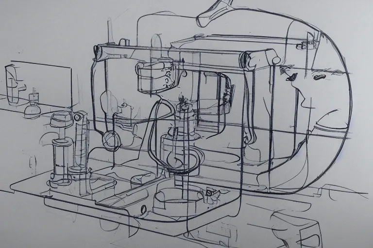 Prompt: concept sketch of a new machine which creates people out of liquid, new invention, technical drawing