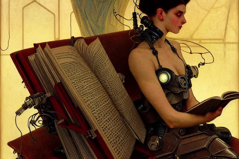 Prompt: a cyborg reading from an old book with a leather cover, intricate, elegant, dramatic lighting, highly detailed, lifelike, photorealistic, digital painting, artstation, concept art, smooth, sharp focus, illustration, art by John Collier and Albert Aublet and Krenz Cushart and Artem Demura and Alphonse Mucha