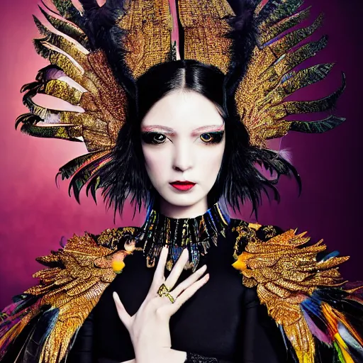 Image similar to a hyperrealistic portrait of a fierce proud queen of ravens, in a black dress with a collar made of iridescent feathers and golden adornments, geometrical background, intricate details, by zhang jingna and soey milk and amir ershadi and anja millen