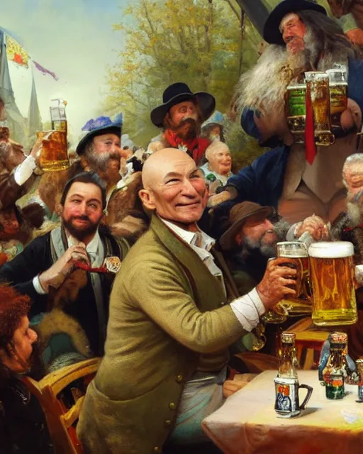 Image similar to a painting of patrick stewart holding a mug of beer at the oktoberfest, a detailed painting by konstantin makovsky and by jan matejko and by nikolay makovsky, shutterstock contest winner, german romanticism, detailed painting, oil on canvas, wimmelbilder