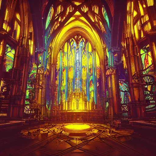 Image similar to a ultra detailed radiant gothic machine cathedral, that looks like cyberpunk 2077 and fallout 4, by Dan Mumford and Sam Yang and beeple and Seb McKinnon:3, gothic architecture, arches, vaults, vivid colors, panorama, blue and gold color scheme:2, runic symbols, arcane drawings, gears and industrial parts, mainboard and circuits:3, dramatic light, golden ratio composition, trending on artstation, trending on behance, f16, blur:-2