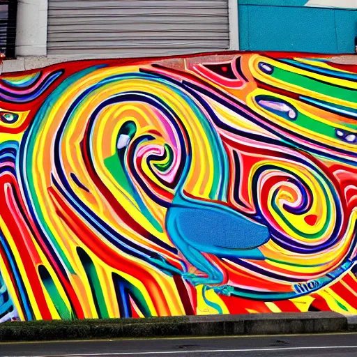 Image similar to by howard schatz, by richard scarry mild. a beautiful street art of a large, colorful bird with a long, sweeping tail. the bird is surrounded by swirling lines & geometric shapes in a variety of colors