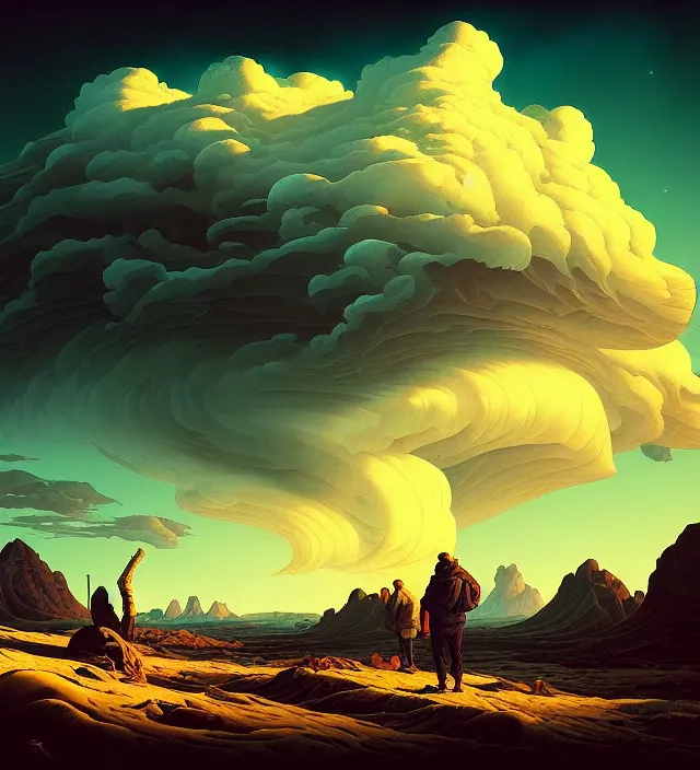 Prompt: a 🌊 swirling in the sky above a barren 🏜 by ivan shishkin and zacharias aagaard and simon stalenhag and dan mumford, chiaroscuro, hyper detailed, high saturation, retrowave, maximalism