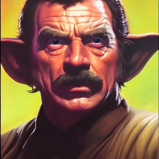 Image similar to ultra realistic portrait painting of tom selleck as yoda, art by frank frazetta, 4 k, ultra realistic, highly detailed, epic lighting