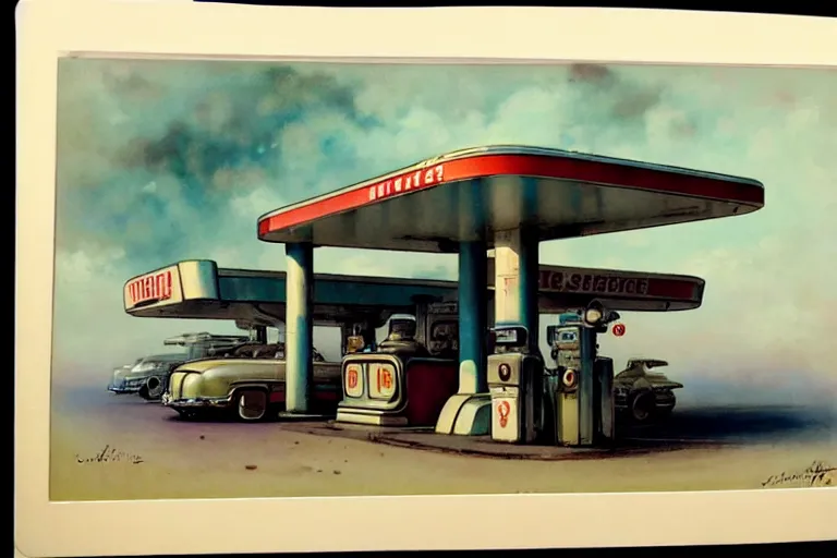 Image similar to ( ( ( ( ( 1 9 5 0 s retro science fiction gas station. muted colors. ) ) ) ) ) by jean - baptiste monge!!!!!!!!!!!!!!!!!!!!!!!!!!!!!!