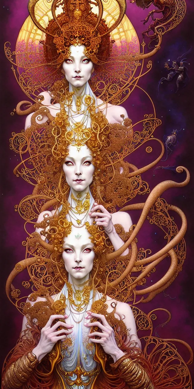 Image similar to beautiful ardhnarishwar art nouveau inter - dimensional empress tsarina character portrait, ultra realistic, intricate detailed costume designed by eiko ishioka, highly detailed by peter mohrbacher, hajime sorayama, wayne barlowe, boris vallejo, aaron horkey, gaston bussiere, craig mullins alphonse mucha