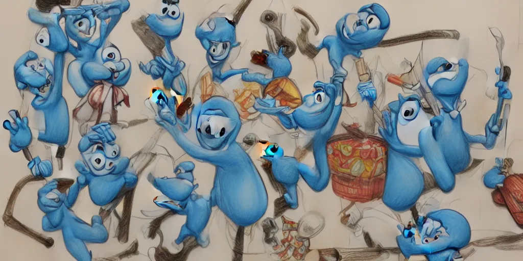 Image similar to a high detailed pencil drawing of long boned smurfs and color