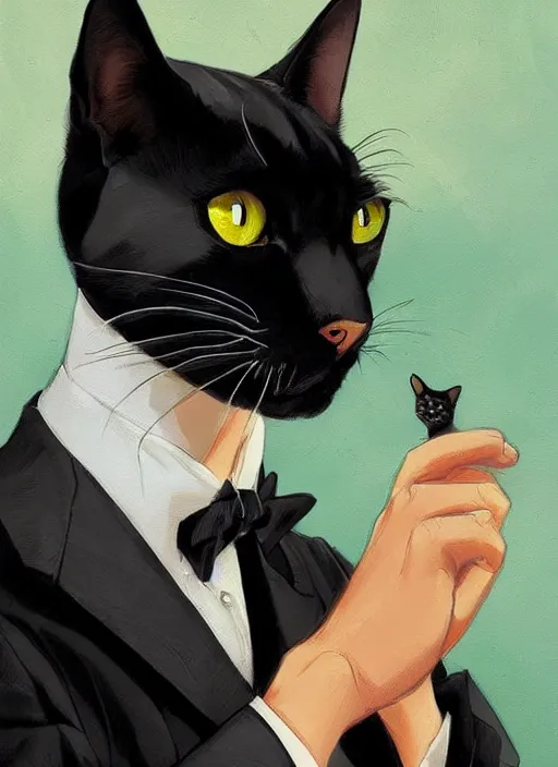 Image similar to portrait of a serious and intelligent black cat scholar in a retro suit, digital art by artgerm and greg rutkowski