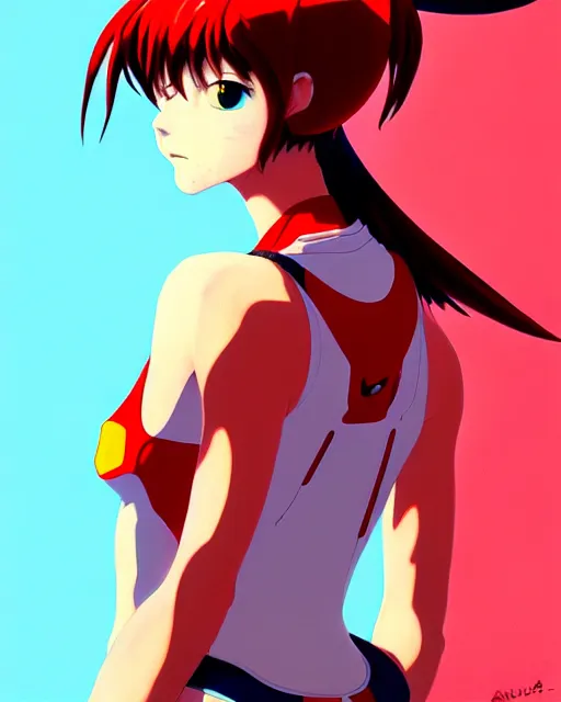 Image similar to a ultradetailed painting of a asuka from evangelion, she is wearing a tank top by conrad roset, greg rutkowski and makoto shinkai trending on artstation