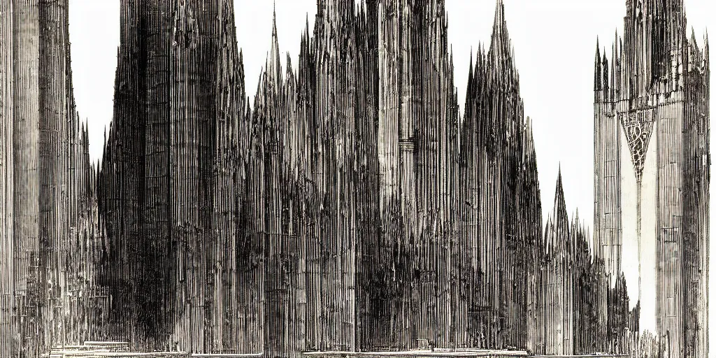 Prompt: gothic gold curve architecture by hugh ferriss