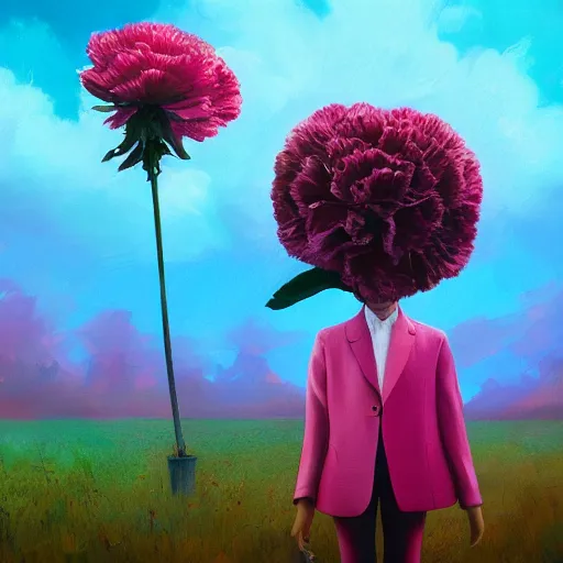 Image similar to giant carnation flower head, girl in suit, surreal photography, sunrise, dramatic light, impressionist painting, digital painting, artstation, simon stalenhag