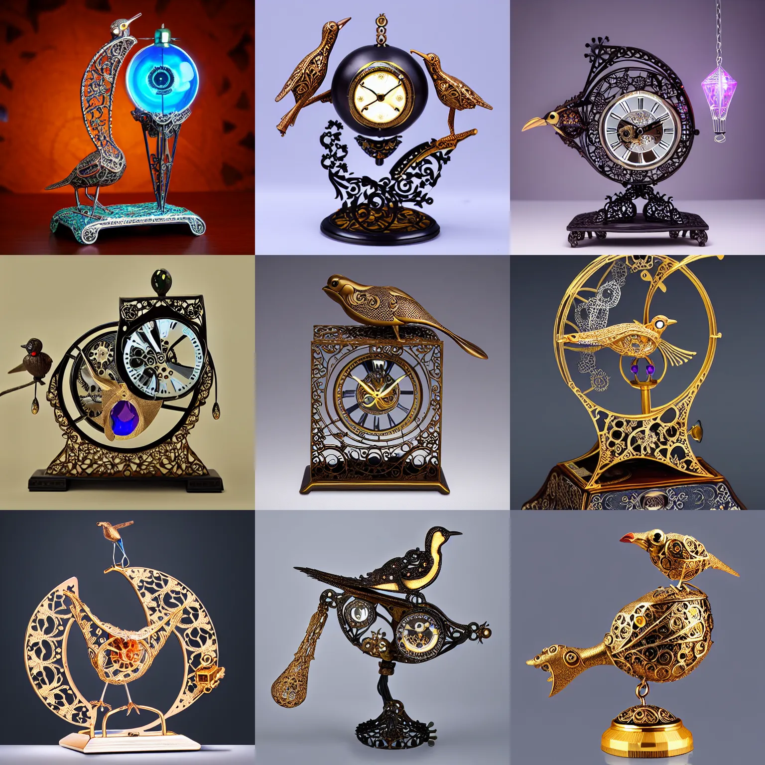 Prompt: hollow filigree bird - shaped clockwork automata, with a glowing gemstone inside it, detailed 8 k, award - winning photography