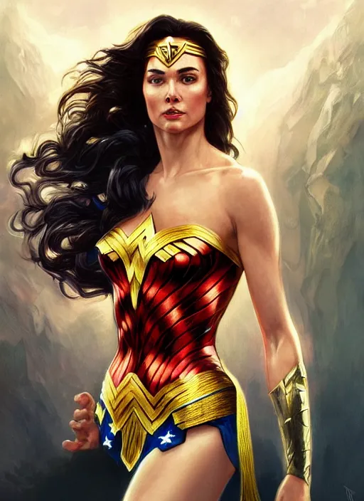 Prompt: Donald Trump as wonder woman, fantasy, intricate, elegant, highly detailed, digital painting, artstation, concept art, smooth, sharp focus, illustration, art by artgerm and greg rutkowski and alphonse mucha