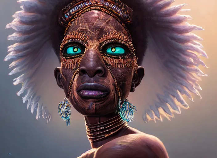 Image similar to highly detailed surreal vfx portrait portrait of an ancient magical voodoo mask tribal afrikan, stephen bliss, unreal engine, fantasy art by greg rutkowski, loish, rhads, ferdinand knab, makoto shinkai and lois van baarle, ilya kuvshinov, rossdraws, tom bagshaw, global illumination, radiant light, detailed and intricate environment