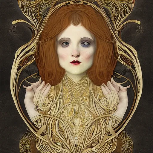 Prompt: a beautiful girl made of ivory and gold, highly intricate, digital art, very detailed, in the style of a weird and dark eerie liminal art nouveau flemish painting, 8k, dark