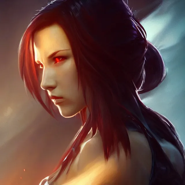 Image similar to majestic gracious seductive tifa lockhart portrait, atmospheric lighting, painted, menacing, intricate, volumetric lighting, beautiful, rich deep colours masterpiece, golden hour, sharp focus, ultra detailed, by leesha hannigan, ross tran, thierry doizon, kai carpenter, ignacio fernandez rios