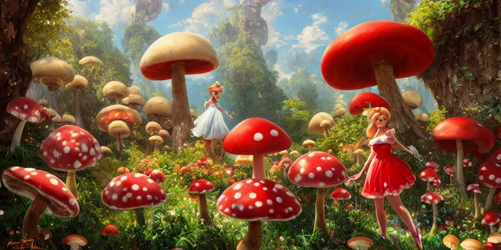 Image similar to princess peach roaming through a landscape, Mushroom Kingdom, Super Mario Theme, giant red and white spotted mushrooms, by Stanley Artgerm Lau , greg rutkowski, thomas kindkade, alphonse mucha, loish, norman Rockwell