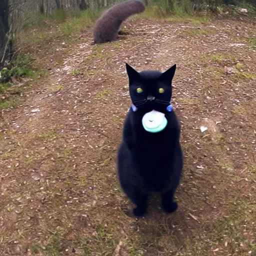 Prompt: Cat in a suit with a donut in its mouth, trail cam footage