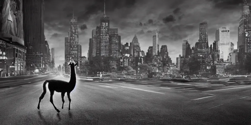 Image similar to a llama walking through a desolate manhattan city street at night, statue of liberty seen in the background, realistic 4 k octane beautifully detailed render, 4 k post - processing, highly detailed, detailed face, intricate complexity, epic composition, magical atmosphere, cinematic lighting, masterpiece, color picture, ultra hd