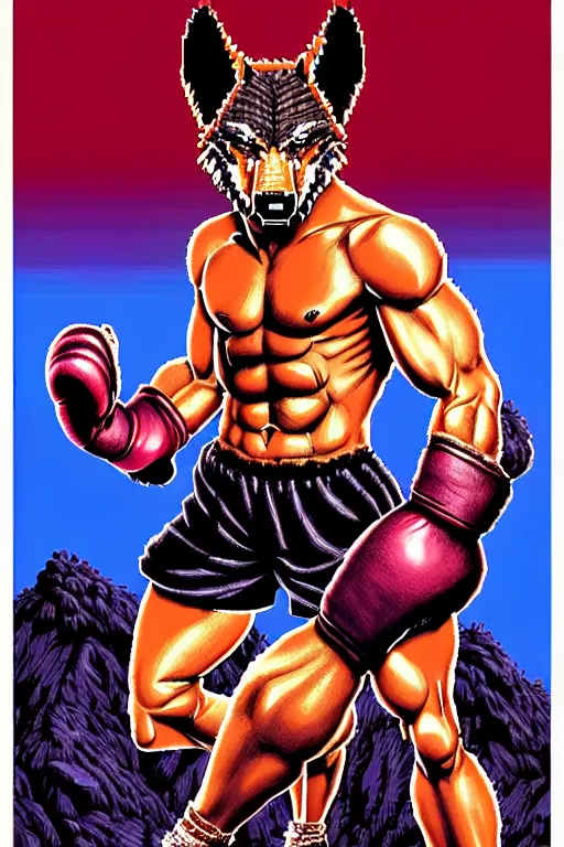 Image similar to extreme long shot. 8 bit nes graphics. antropomorphic muscular masculine wolf. kickboxer fighter, in shorts. wolf head. fine details, very sharp, art from nes game cartridge, ( vhs colors, vaporwave style ), marc simonetti and hermann nitsch