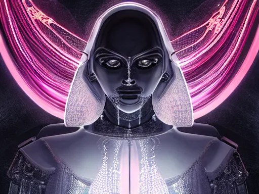 Image similar to a gray faceless figure, ascended, robot wizard, NPC with a saint\'s halo, saintly halo behind their head made of neon filigree, consulting the cyber oracle of all knowledge, at the end of time, in an esoteric ritual exchange of physical code, 8k, 4k, unreal 5, DAZ, trending on artstation, octane render, abstract painting, bright blue future