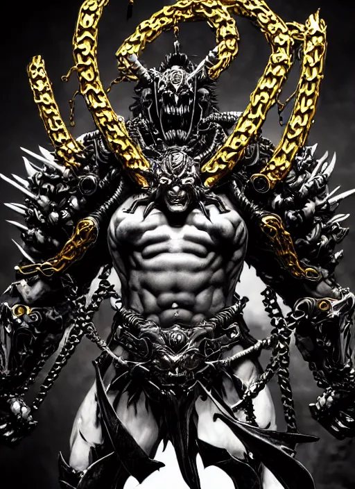 Image similar to scary demon man with twisted face, horns, white skin, armour made of golden ornate chains. in style of yoji shinkawa and hyung - tae kim, trending on artstation, dark fantasy, great composition, concept art, highly detailed, dynamic pose.