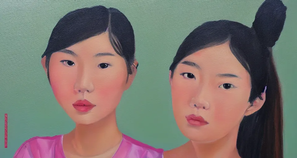 Prompt: a gen z teenage asian girl, oil painting by mai trung thu