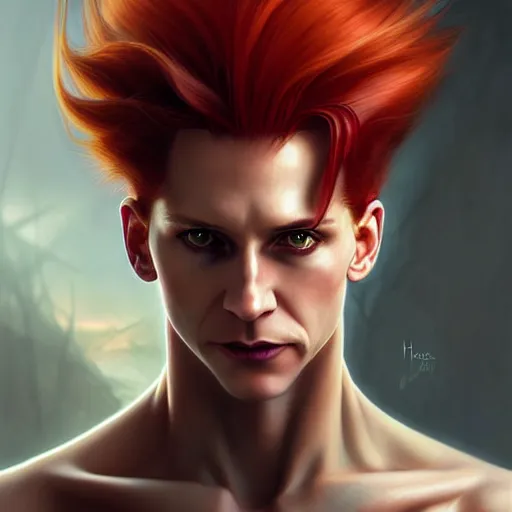 Prompt: portrait of hisoka morow hunter hunter, male, sharp jaw yellow eyes narrow sultry eyes red hair soft bunched hair swept back crimson medium length hair, anime, fantasy, intricate, elegant, highly detailed, digital painting, artstation sharp focus, madonna tom hiddleston art by artgerm and greg rutkowski and alphonse mucha