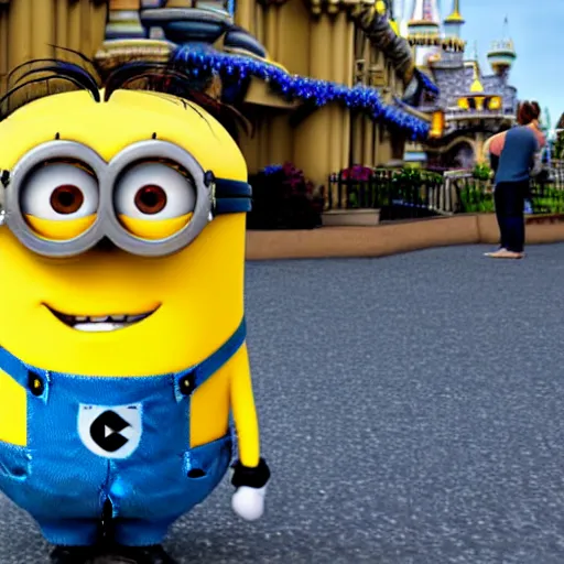 Image similar to minion in front of the disneyland castle, photo realistic, 4 k