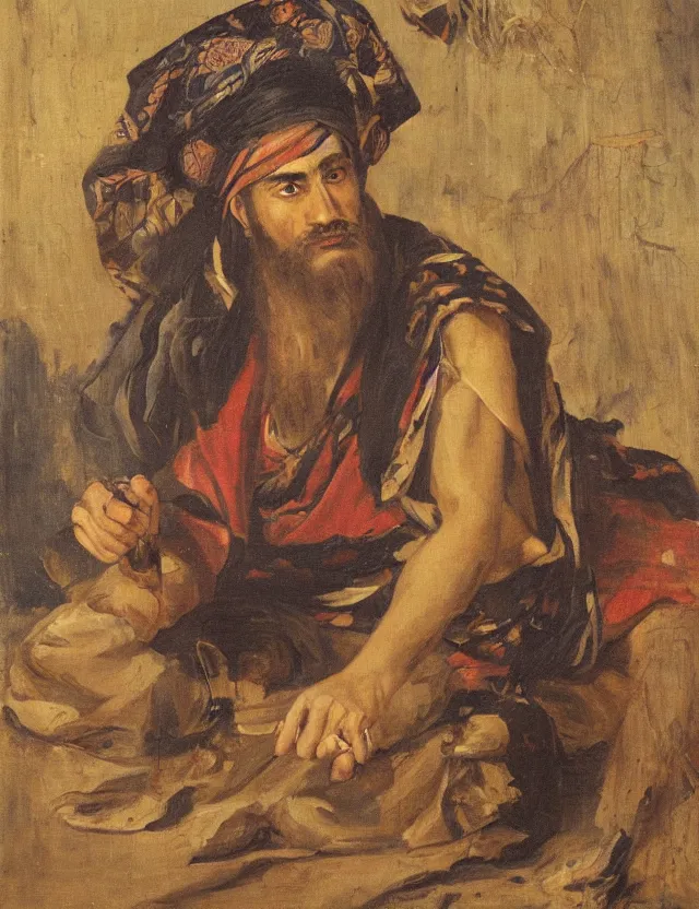 Image similar to orientalist painting of disheveled sunken - eyed sorcerer painter