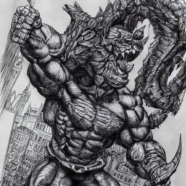 Image similar to highly detailed ballpoint pen illustration of a muscular gargoyle man standing on top of a building